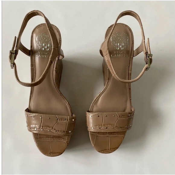 New Vince Camuto Celvina Platform Wedge Crepe Croc Leather Sandals Size 9.5 - Picture 6 of 15
